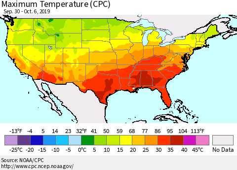 United States Maximum Temperature (CPC) Thematic Map For 9/30/2019 - 10/6/2019