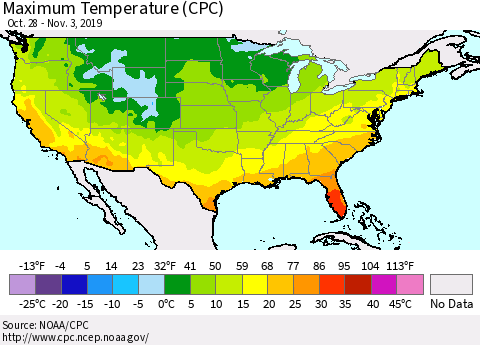 United States Maximum Temperature (CPC) Thematic Map For 10/28/2019 - 11/3/2019