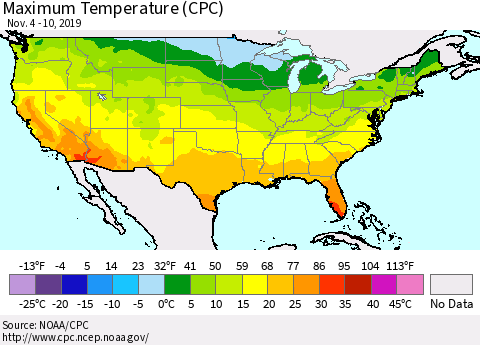 United States Maximum Temperature (CPC) Thematic Map For 11/4/2019 - 11/10/2019