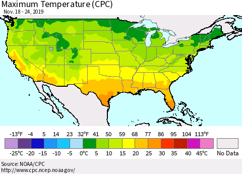 United States Maximum Temperature (CPC) Thematic Map For 11/18/2019 - 11/24/2019