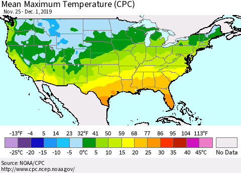 United States Maximum Temperature (CPC) Thematic Map For 11/25/2019 - 12/1/2019