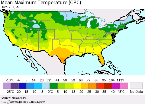 United States Maximum Temperature (CPC) Thematic Map For 12/2/2019 - 12/8/2019