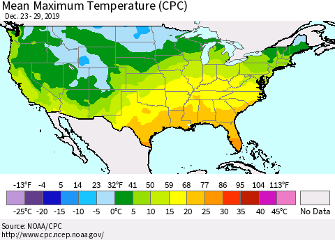 United States Maximum Temperature (CPC) Thematic Map For 12/23/2019 - 12/29/2019
