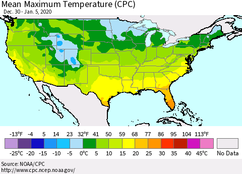 United States Maximum Temperature (CPC) Thematic Map For 12/30/2019 - 1/5/2020