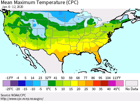United States Maximum Temperature (CPC) Thematic Map For 1/6/2020 - 1/12/2020