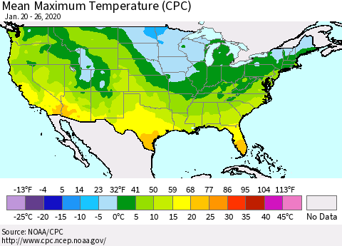 United States Maximum Temperature (CPC) Thematic Map For 1/20/2020 - 1/26/2020