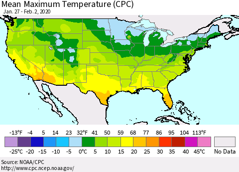 United States Maximum Temperature (CPC) Thematic Map For 1/27/2020 - 2/2/2020