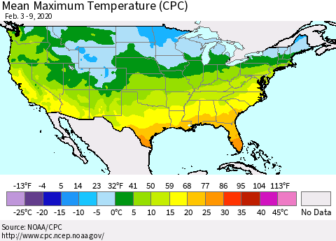 United States Maximum Temperature (CPC) Thematic Map For 2/3/2020 - 2/9/2020