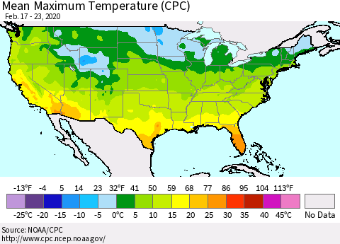 United States Maximum Temperature (CPC) Thematic Map For 2/17/2020 - 2/23/2020