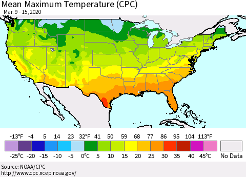 United States Mean Maximum Temperature (CPC) Thematic Map For 3/9/2020 - 3/15/2020