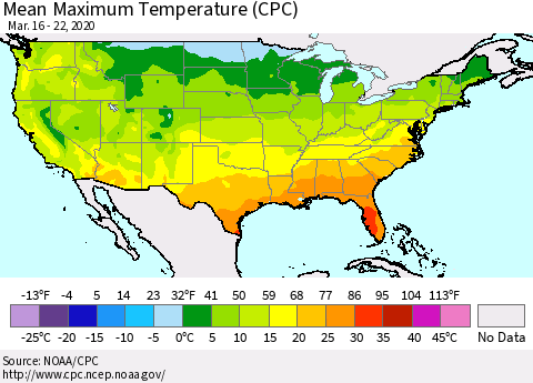 United States Mean Maximum Temperature (CPC) Thematic Map For 3/16/2020 - 3/22/2020