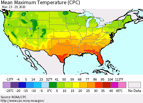 United States Mean Maximum Temperature (CPC) Thematic Map For 3/23/2020 - 3/29/2020