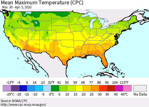 United States Mean Maximum Temperature (CPC) Thematic Map For 3/30/2020 - 4/5/2020