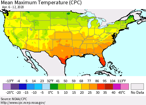 United States Mean Maximum Temperature (CPC) Thematic Map For 4/6/2020 - 4/12/2020