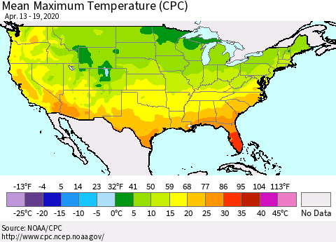 United States Maximum Temperature (CPC) Thematic Map For 4/13/2020 - 4/19/2020