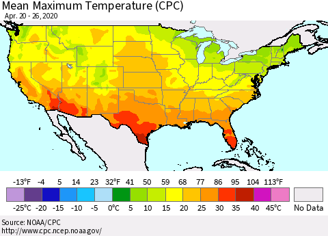 United States Mean Maximum Temperature (CPC) Thematic Map For 4/20/2020 - 4/26/2020