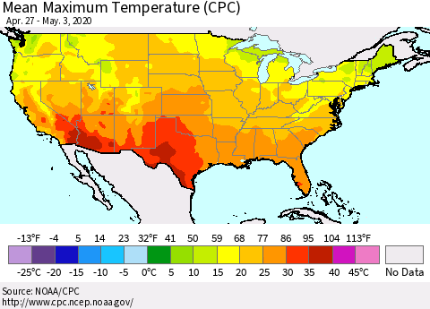 United States Mean Maximum Temperature (CPC) Thematic Map For 4/27/2020 - 5/3/2020