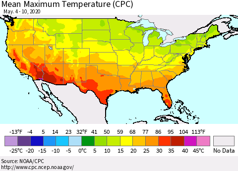 United States Maximum Temperature (CPC) Thematic Map For 5/4/2020 - 5/10/2020