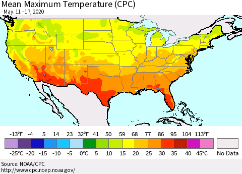 United States Maximum Temperature (CPC) Thematic Map For 5/11/2020 - 5/17/2020