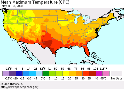 United States Maximum Temperature (CPC) Thematic Map For 5/18/2020 - 5/24/2020