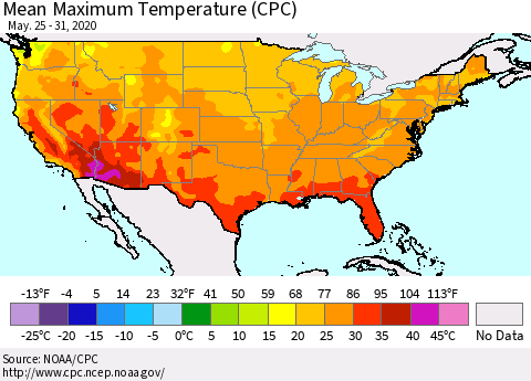 United States Mean Maximum Temperature (CPC) Thematic Map For 5/25/2020 - 5/31/2020
