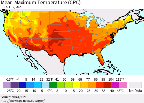 United States Maximum Temperature (CPC) Thematic Map For 6/1/2020 - 6/7/2020