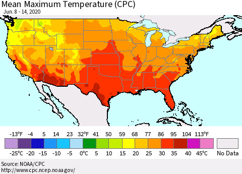 United States Maximum Temperature (CPC) Thematic Map For 6/8/2020 - 6/14/2020
