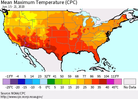 United States Maximum Temperature (CPC) Thematic Map For 6/15/2020 - 6/21/2020