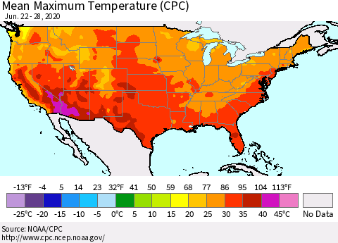 United States Maximum Temperature (CPC) Thematic Map For 6/22/2020 - 6/28/2020