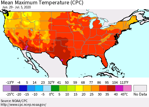 United States Maximum Temperature (CPC) Thematic Map For 6/29/2020 - 7/5/2020