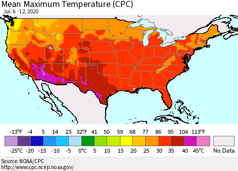 United States Maximum Temperature (CPC) Thematic Map For 7/6/2020 - 7/12/2020