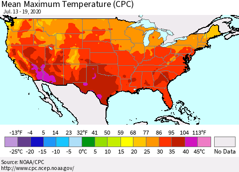 United States Maximum Temperature (CPC) Thematic Map For 7/13/2020 - 7/19/2020