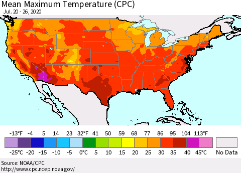 United States Maximum Temperature (CPC) Thematic Map For 7/20/2020 - 7/26/2020