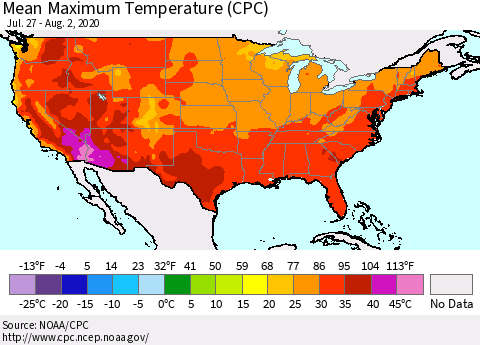 United States Maximum Temperature (CPC) Thematic Map For 7/27/2020 - 8/2/2020