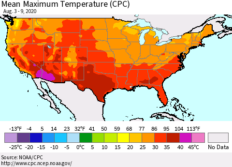 United States Maximum Temperature (CPC) Thematic Map For 8/3/2020 - 8/9/2020