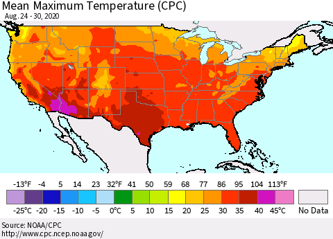 United States Maximum Temperature (CPC) Thematic Map For 8/24/2020 - 8/30/2020