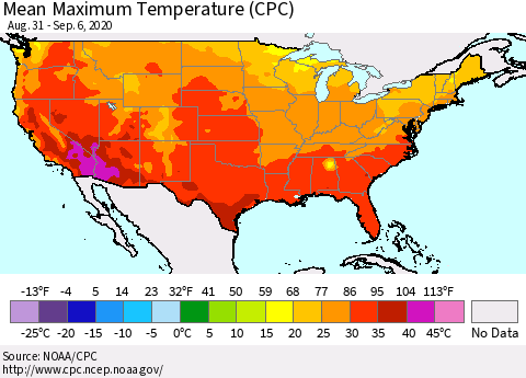 United States Maximum Temperature (CPC) Thematic Map For 8/31/2020 - 9/6/2020