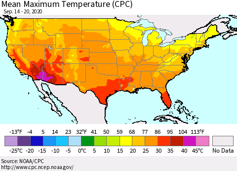 United States Maximum Temperature (CPC) Thematic Map For 9/14/2020 - 9/20/2020