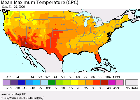 United States Maximum Temperature (CPC) Thematic Map For 9/21/2020 - 9/27/2020