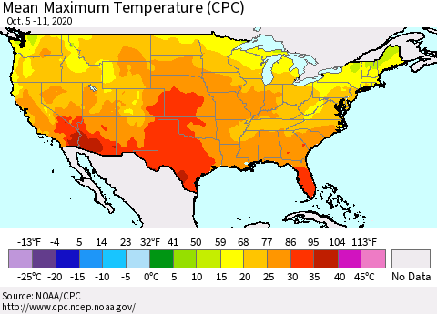 United States Maximum Temperature (CPC) Thematic Map For 10/5/2020 - 10/11/2020