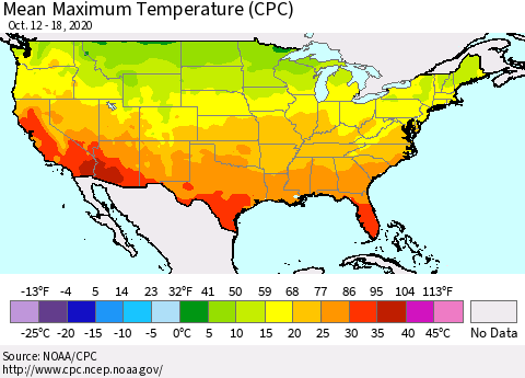 United States Maximum Temperature (CPC) Thematic Map For 10/12/2020 - 10/18/2020