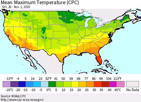United States Maximum Temperature (CPC) Thematic Map For 10/26/2020 - 11/1/2020
