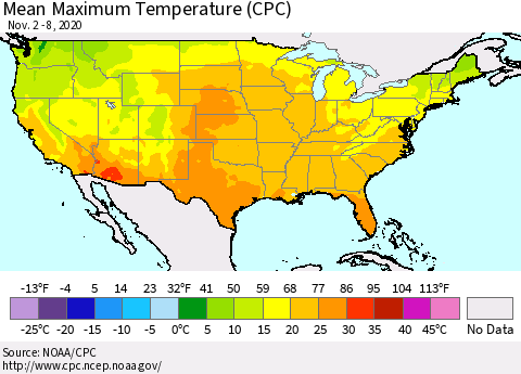 United States Maximum Temperature (CPC) Thematic Map For 11/2/2020 - 11/8/2020