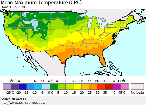 United States Mean Maximum Temperature (CPC) Thematic Map For 11/9/2020 - 11/15/2020