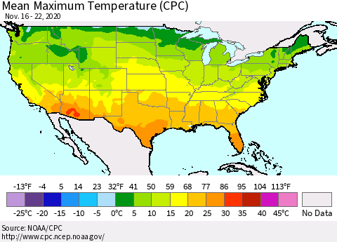 United States Maximum Temperature (CPC) Thematic Map For 11/16/2020 - 11/22/2020
