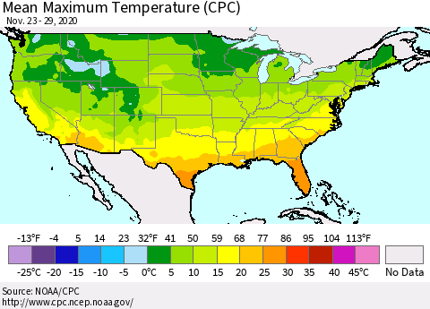 United States Maximum Temperature (CPC) Thematic Map For 11/23/2020 - 11/29/2020