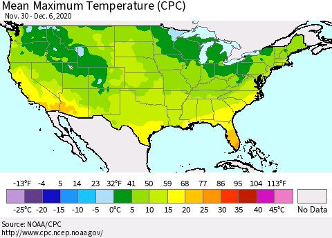 United States Maximum Temperature (CPC) Thematic Map For 11/30/2020 - 12/6/2020