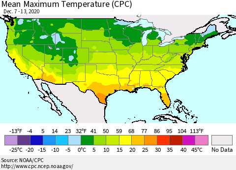 United States Maximum Temperature (CPC) Thematic Map For 12/7/2020 - 12/13/2020