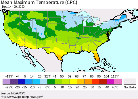 United States Mean Maximum Temperature (CPC) Thematic Map For 12/14/2020 - 12/20/2020