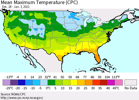 United States Maximum Temperature (CPC) Thematic Map For 12/28/2020 - 1/3/2021